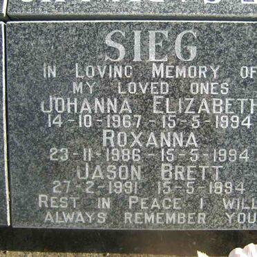 SIEG Johanna Elizabeth 1967-1994 :: SIEG Roxanna 1986-1994  :: SIEG Jason Brett 1991-1994