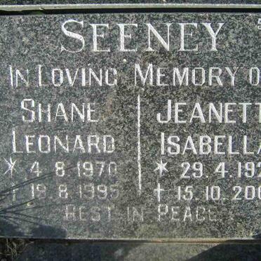 SEENEY Shane Leonard 1970-1995 :: SEENEY Jeanette Isabella 1929-2003