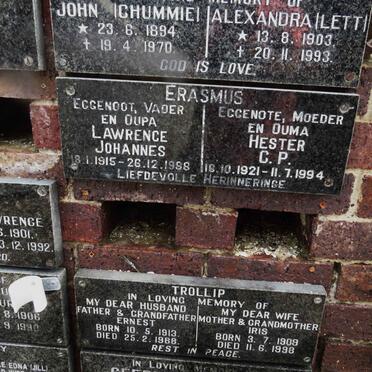 ERASMUS Lawrence Johannes 1915-1988 &amp; Hester C.P. 1921-1994