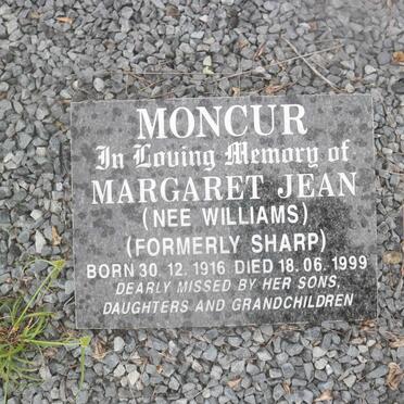 MONCUR Margaret Jean formerly SHARP nee WILLIAMS 1916-1999