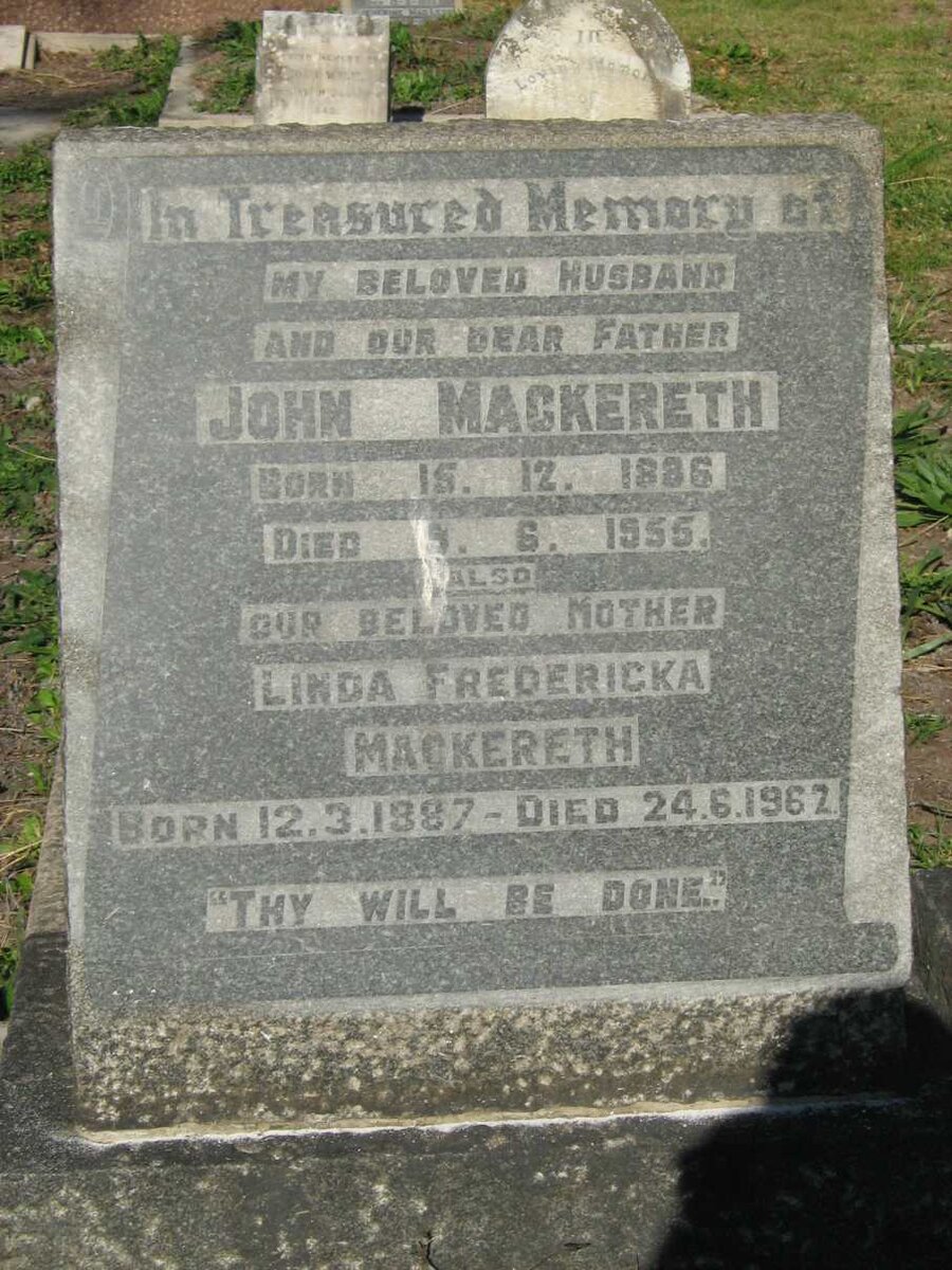 MACKERETH John 1886-1955 &amp; Linda Fredericka 1887-1962