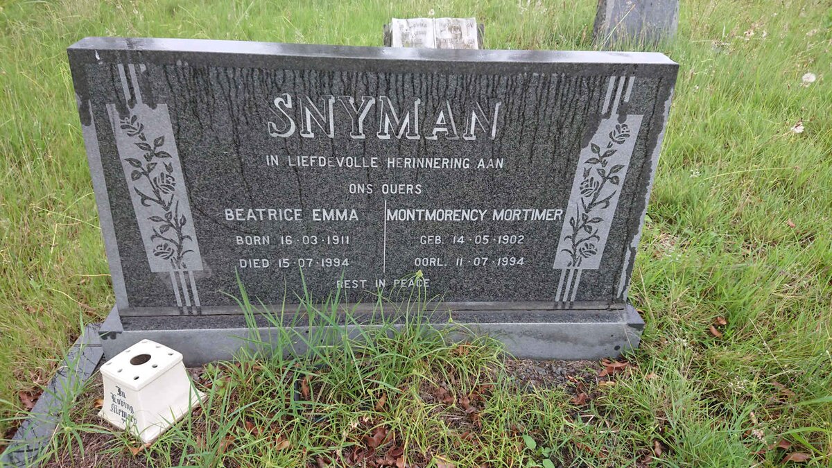 SNYMAN Montmorency Mortimer 1902-1994 &amp; Beatrice Emma 1911-1994