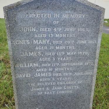 COUTTS John -1863 :: COUTTS Agnes Mary -1867 :: COUTTS James -1870 :: COUTTS William -1870 :: COUTTS David James -1875