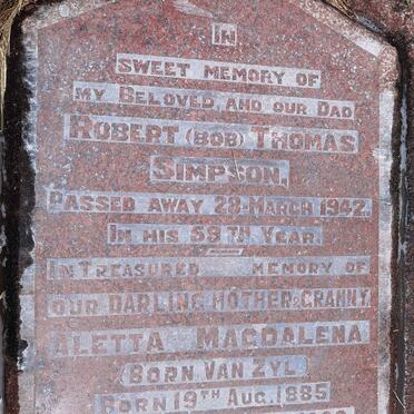 SIMPSON Robert Thomas -1942 & Aletta Magdalena VAN ZYL 1885-1963