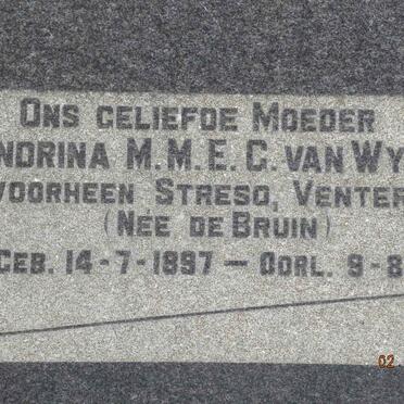 WYK Hendrina M.M.E.G., van formerly STRESO formerly VENTER nee DE BRUIN 1897-1967