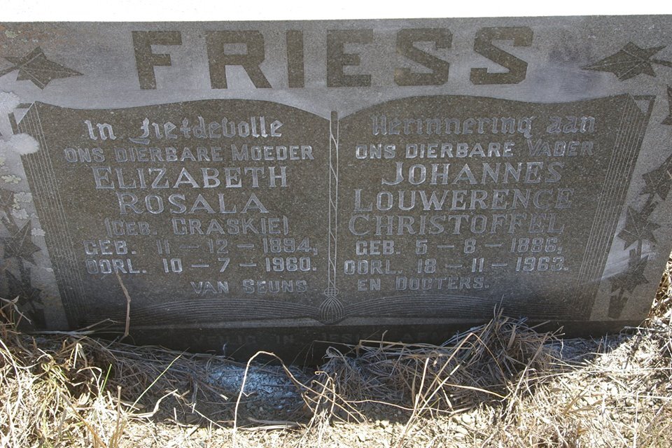 FRIESS Johannes Louwerence Christoffel 1886-1963 &amp; Elizabeth Rosala GRASKIE 1894-1960