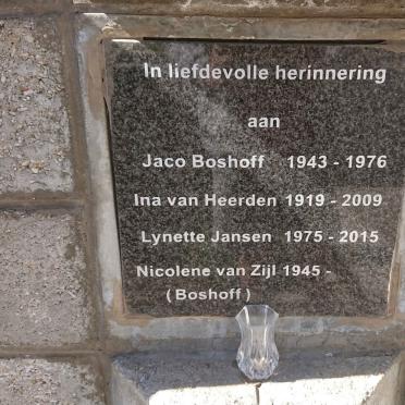 BOSHOFF Jaco 1943-1976 :: HEERDEN Ina, van 1919-2009 :: JANSEN Lynette 1975-2015 :: ZIJL Nicolene, van nee BOSHOFF 1945-