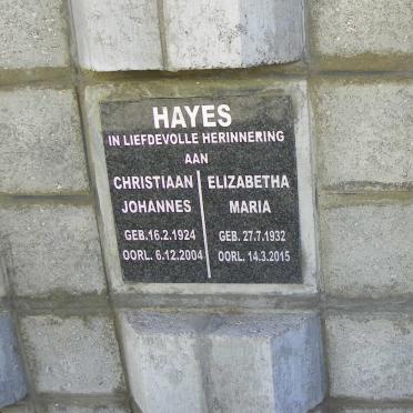 HAYES Christiaan Johannes 1924-2004 &amp; Elizabetha Maria 1932-2015