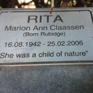 CLAASSEN Marion Ann nee RUBIDGE 1942-2006