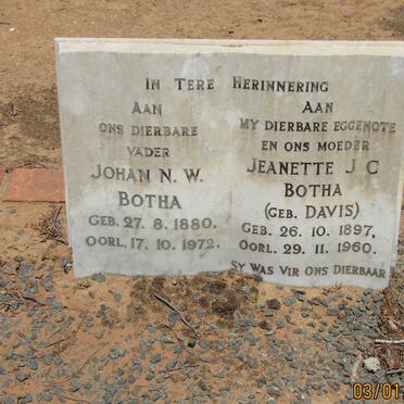 BOTHA Johan N.W. 1880-1972 &amp; Jeanette J.C. DAVIS 1897-1960