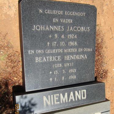 NIEMAND Johannes Jacobus 1924-1968 &amp; Beatrice Hendrina UYS 1921-1981