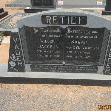 RETIEF Willem Jacobus 1904-1980 &amp; Sarah Van Zyl V.D. HEEVER 1920-1979