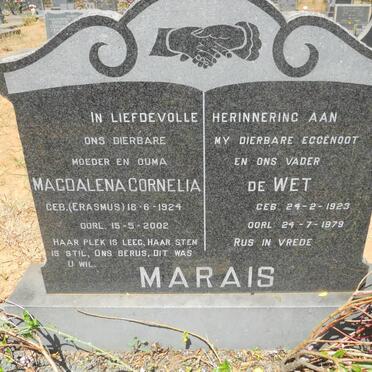 MARAIS De Wet 1923-1979 &amp; Magdalena Cornelia ERASMUS 1924-2002