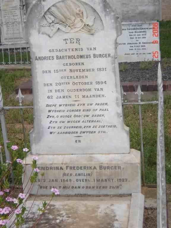 BURGER Andries Bartholomeus 1831-1894 &amp; Hendrina Frederika ENSLIN 1849-1923