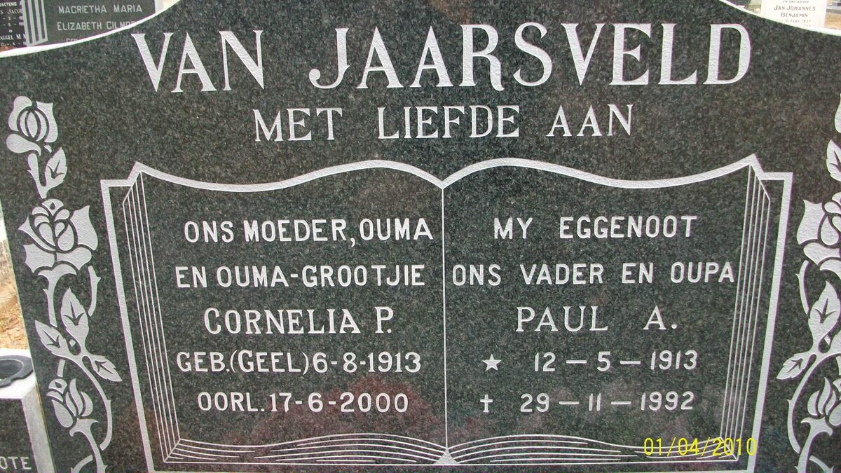 JAARSVELD Paul A., van 1913-1992 &amp; Cornelia P. GEEL 1913-2000