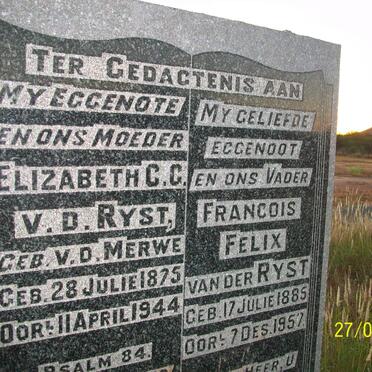 RYST Francois Felix, van der 1885-1957 &amp; Elizabeth C.C. VAN DER MERWE 1875-1944
