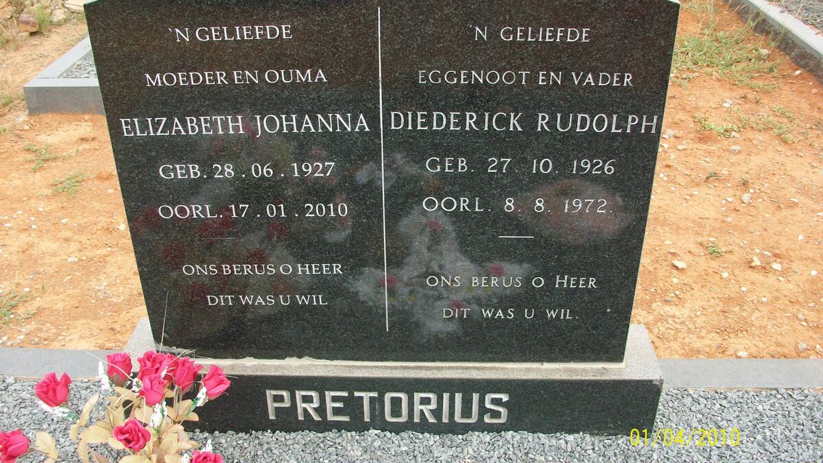 PRETORIUS Diederick Rudolph 1926-1972 &amp; Elizabeth Johanna 1927-2010