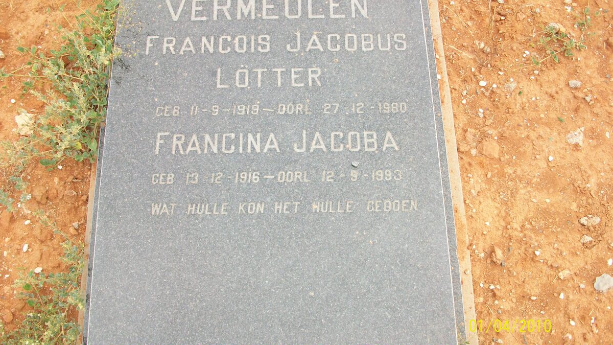 VERMEULEN Francois Jacobus Lötter 1918-1980 &amp; Francina Jacoba 1916-1993