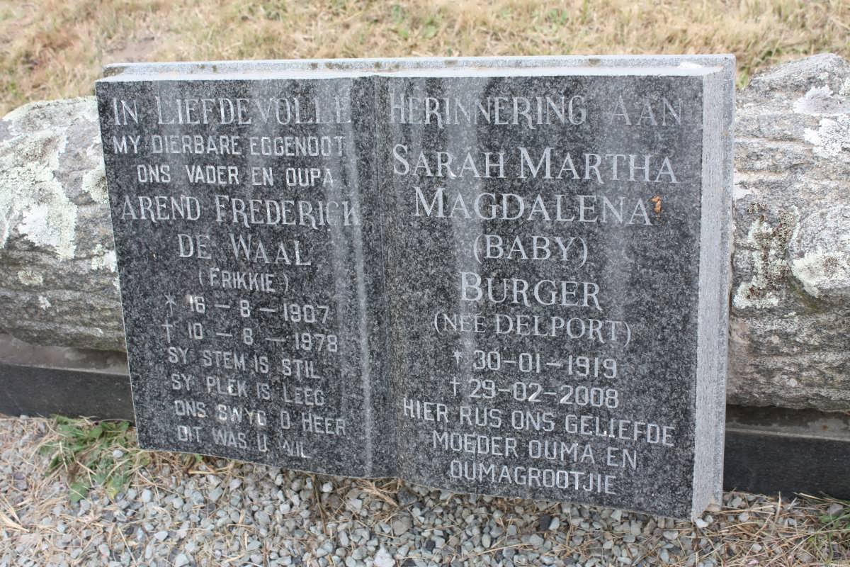 BURGER Arend Frederick De Waal 1907-1978 &amp; Sarah Martha Magdalena DELPORT 1919-2008