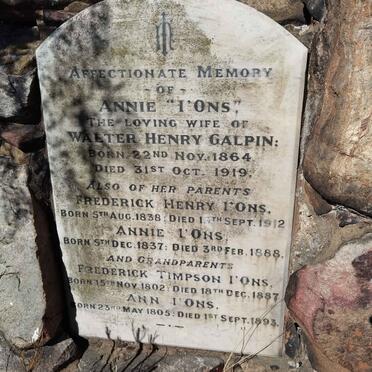 I'ONS Frederick Timpson 1802-1887 &  Ann 1805-1893 :: I'ONS Frederick Henry 1838-1912 & Annie 1837-1888 :: GALPIN Annie nee I'ONS 1864-1919