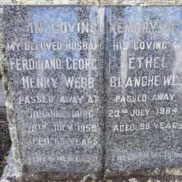 WEBB Ferdinand George Henry -1958 &amp; Ethel Blanche -1984