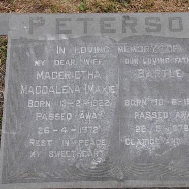 PETERSON Bartle 1902-1978 &amp; Magarietha Magdalena 1922-1972