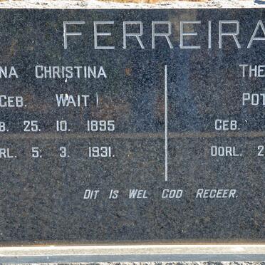 FERREIRA Theodorus Potgieter 1886-1971 &amp; Anna Christina WAIT 1895-1931