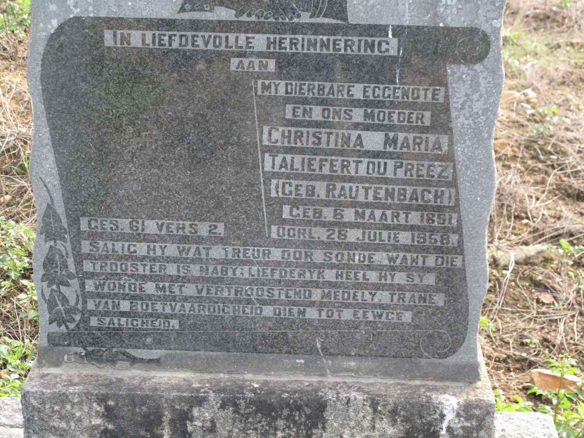 PREEZ Christina Maria Taliefert, du nee RAUTENBACH 1891-1958