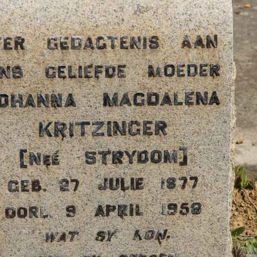 KRITZINGER Johanna Magdalena nee STRYDOM 1877-1958