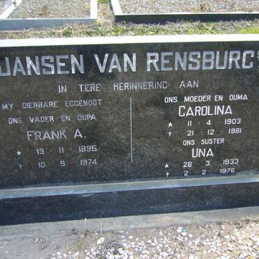 RENSBURG Frank A., Jansen van 1895-1974 &amp; Carolina 1903-1981 :: JANSEN VAN RENSBURG Una 1933-1976