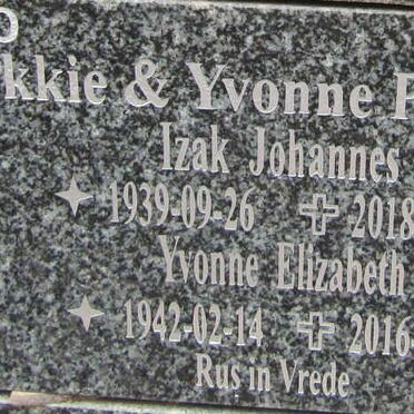 PRETORIUS Izak Johannes 1939-2018 &amp; Yvonne Elizabeth 1942-2016