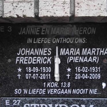 THERON Johannes Frederick 1930-2011 &amp; Maria Martha PIENAAR 1931-2009