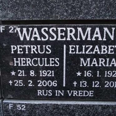 WASSERMAN Petrus Hercules 1921-2006 &amp; Elizabeth Maria 1922-2010