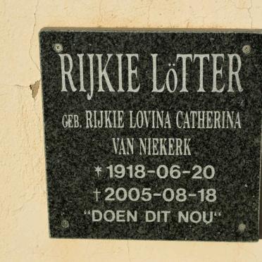 LOTTER Rijkie Lovina Catharina nee VAN NIEKERK 1918-2005