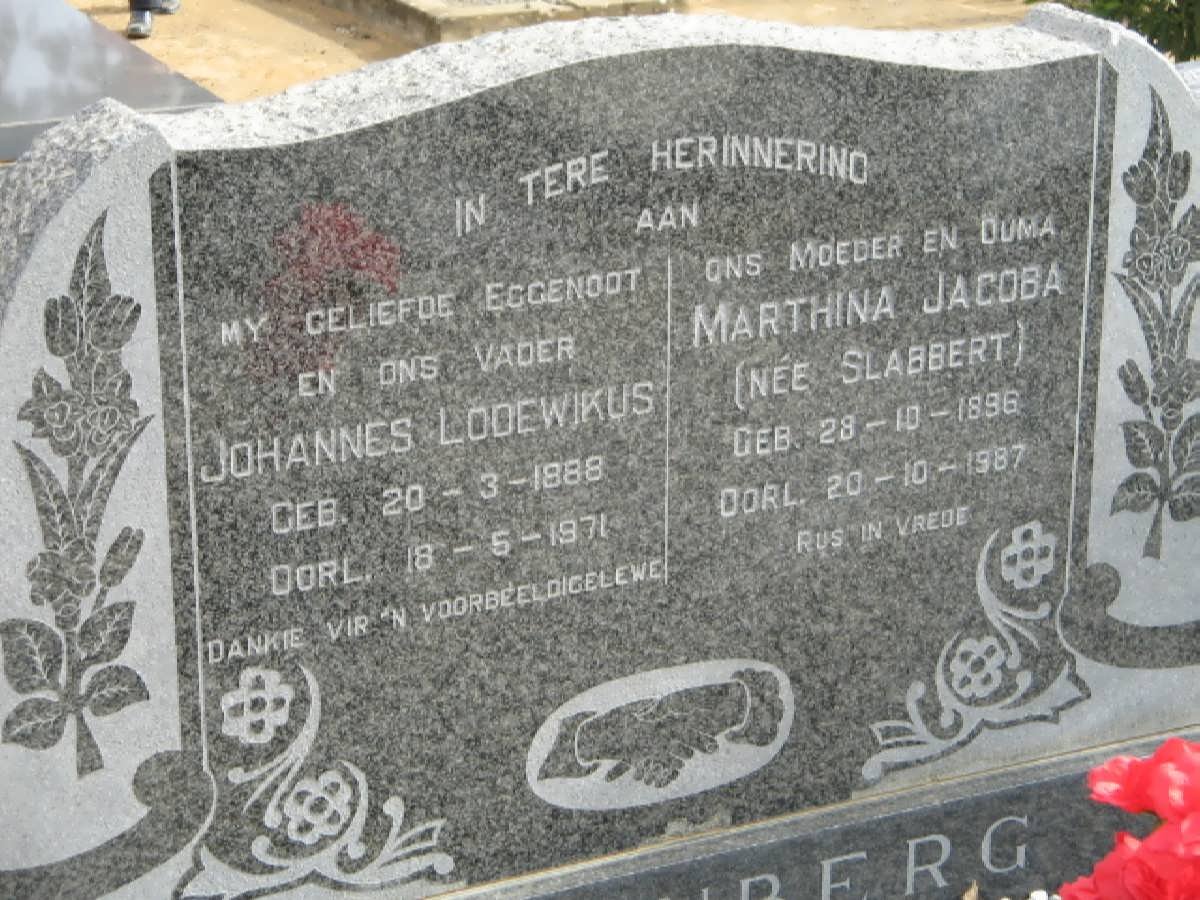 STEENBERG Johannes Lodewikus 1888-1971 &amp; Marthina Jacoba SLABBERT 1896-1987