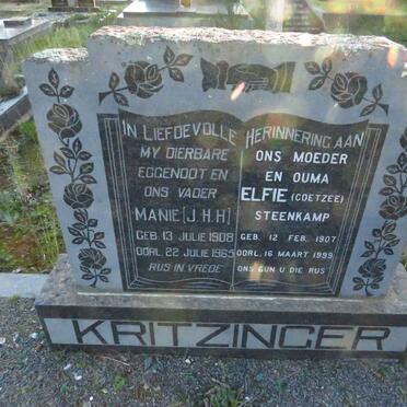 KRITZINGER Manie J.H.H. 1908-1965 & Elfie STEENKAMP nee COETZEE 1907-1999