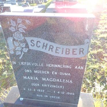 SCHREIBER Maria Magdalena nee KRITZINGER 1922-1989