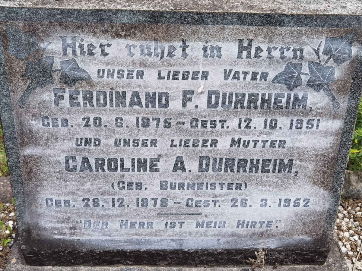 DURRHEIM Ferdinand F. 1875-1951 &amp; Caroline A. BURMEISTER 1878-1952