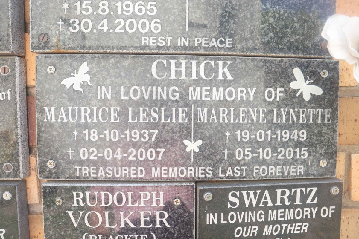 CHICK Maurice Leslie 1937-2007 &amp; Marlene Lynette 1949-2015