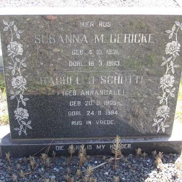 GERICKE Susanna M. 1931-1983 :: SCHUTTE Rachel J. nee ANNANDALE 1909-1984