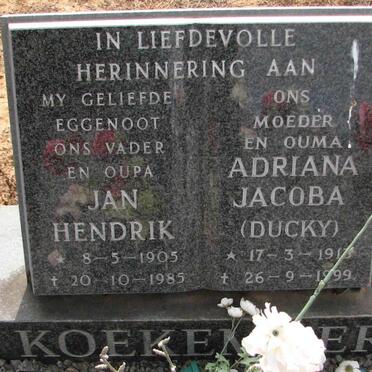 KOEKEMOER Jan Hendrik 1905-1985 &amp; Adriana Jacoba 1913-1999