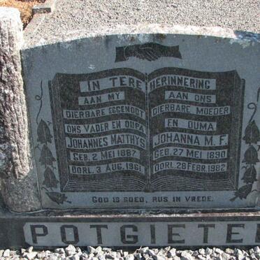 POTGIETER Johannes Matthys 1887-1961 &amp; Johanna M.F. 1890-1982