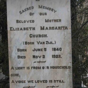CHURCH Elizabeth Margarita nee VAN ZIJL 1840-1922 