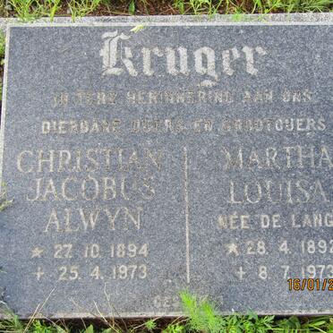 KRUGER Christiaan Jacobus Alwyn 1894-1973 &amp; Martha Louisa DE LANGE 1892-1973