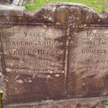 MERWE Barend Johannes, van der 1864-1935 &amp; Jacomina Therese SCHRECK 1861-1925