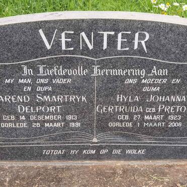 VENTER Barend Smartryk Delport 1913-1991 &amp; Hyla Johanna Gertruida PRETORIUS 1923-2008
