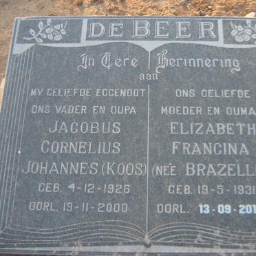 BEER Jacobus Cornelius Johannes, de 1926-2000 &amp; Elizabeth Francina BRAZELLE 1931-2017