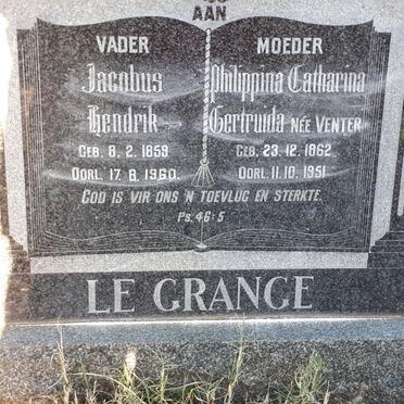 GRANGE Jacobus Hendrik, le 1859-1960 &amp; Philippina Catharina Gertruida VENTER 1862-1951