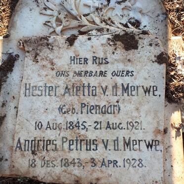 MERWE Andries Petrus, van der 1843-1928 &amp; Hester Aletta PIENAAR 1845-1921
