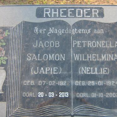 RHEEDER Jacob Salomon 1922-2013 &amp; Petronella Wilhelmina 1924-2002